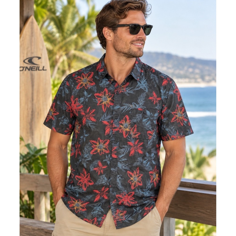 O'Neill XXL Men's Tropical Floral Button Shirt Black Red Hawaiian Surf Coastal